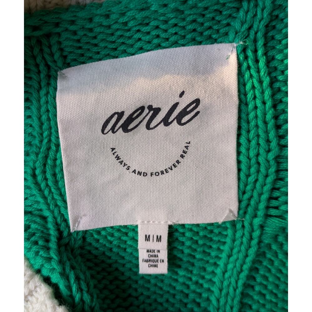 Aerie Cable Knit Sweater Medium Green White Striped V Neck Varsity Oversized - Picture 8 of 10